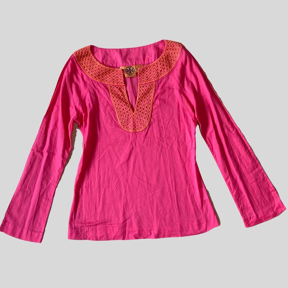 Tory Burch Pink blouse with Orange Embroidery Sz 6